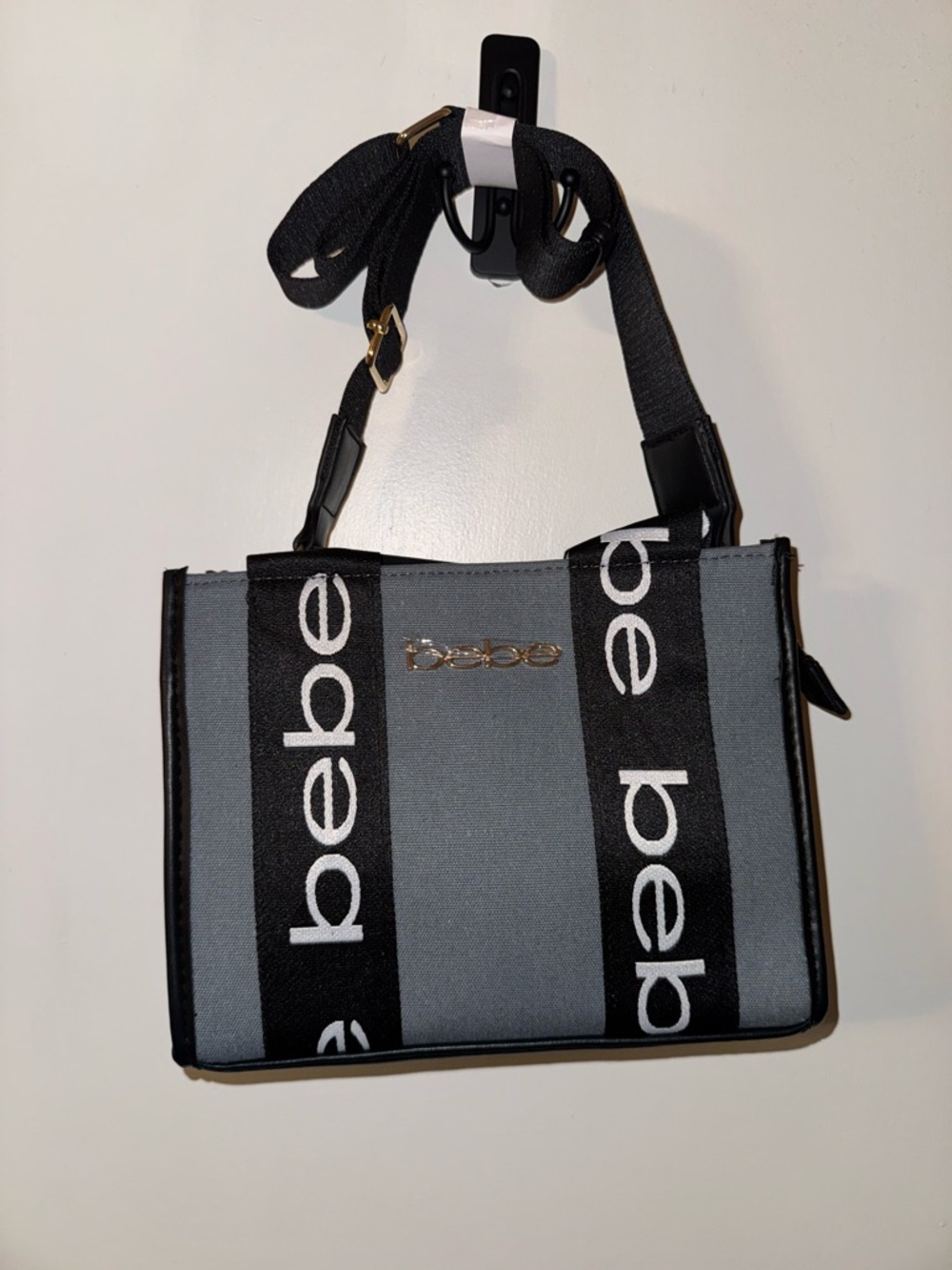 bebe Gray and Black Logo Strap Satchel